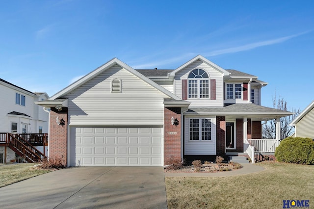 view of property featuring a garage, a porch, and a front lawn