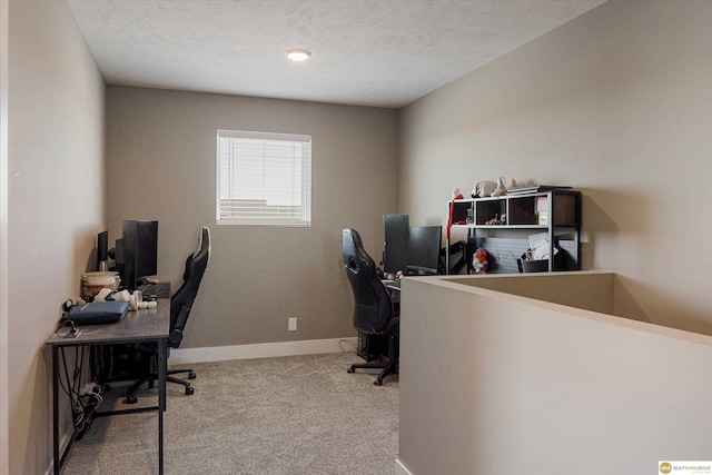 carpeted office space with a textured ceiling