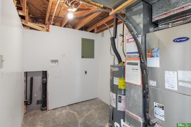 utility room featuring heating unit, electric panel, and water heater