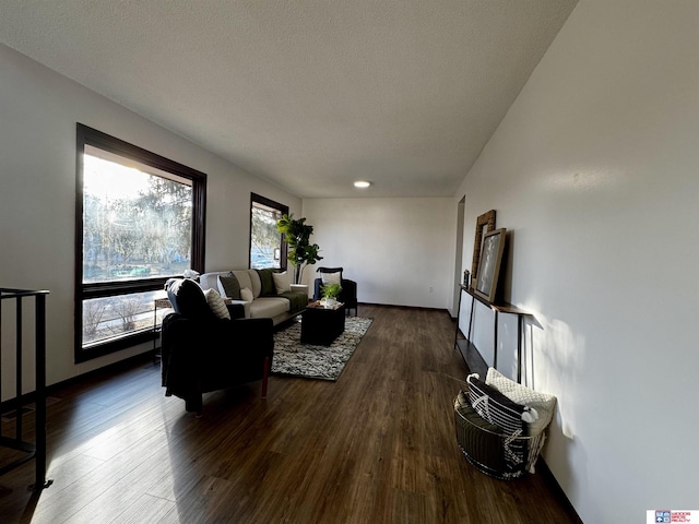 living room with a textured ceiling and dark hardwood / wood-style flooring