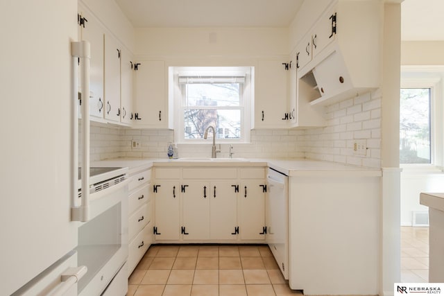 kitchen featuring white cabinetry, white appliances, sink, and decorative backsplash