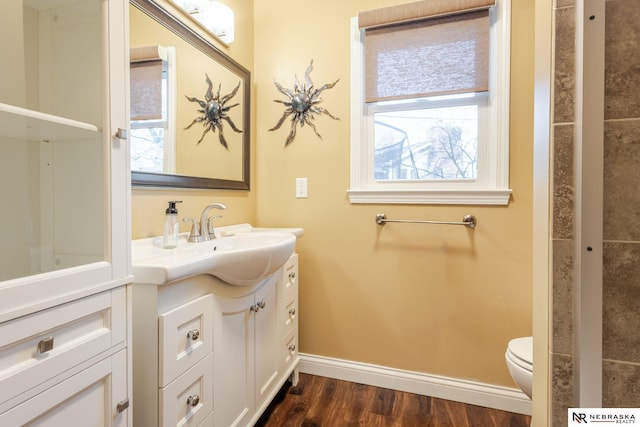 bathroom with vanity, hardwood / wood-style floors, and toilet