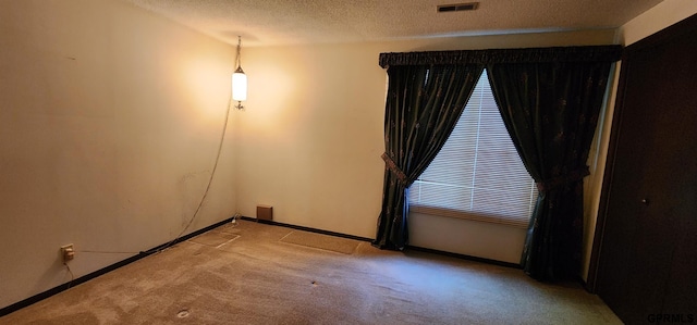 empty room featuring light colored carpet and a textured ceiling