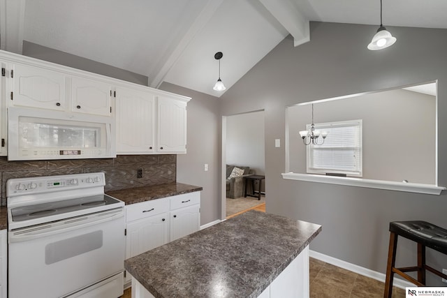 kitchen with white cabinetry, white appliances, pendant lighting, and decorative backsplash