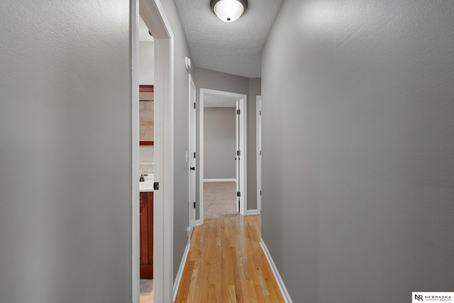 corridor with light hardwood / wood-style flooring and a textured ceiling