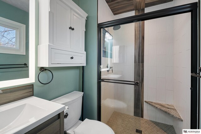 bathroom featuring vanity, toilet, and walk in shower