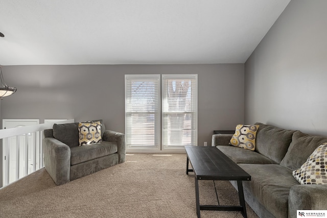 living room with lofted ceiling and carpet