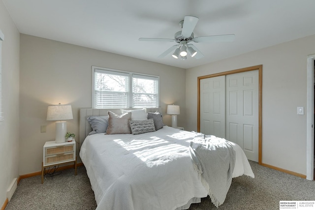 carpeted bedroom with ceiling fan and a closet