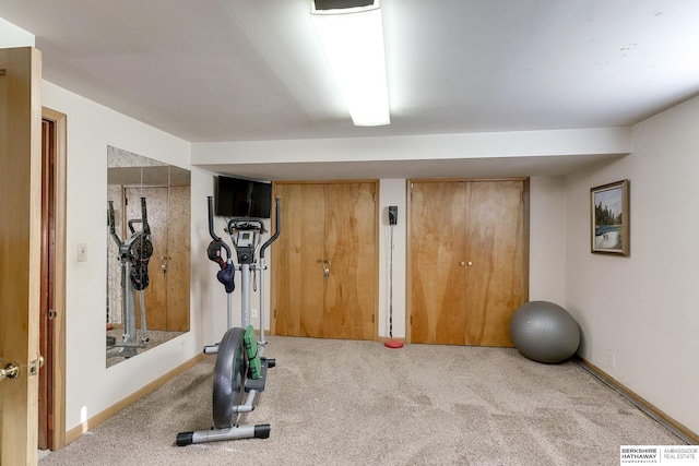 exercise area featuring light colored carpet