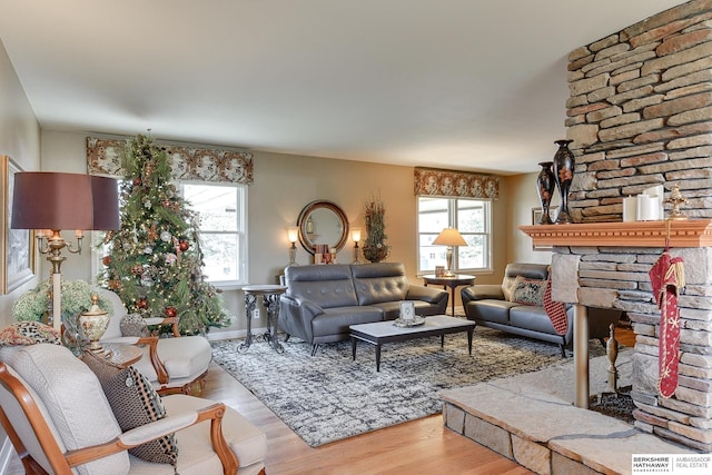 living room featuring a fireplace and light hardwood / wood-style flooring