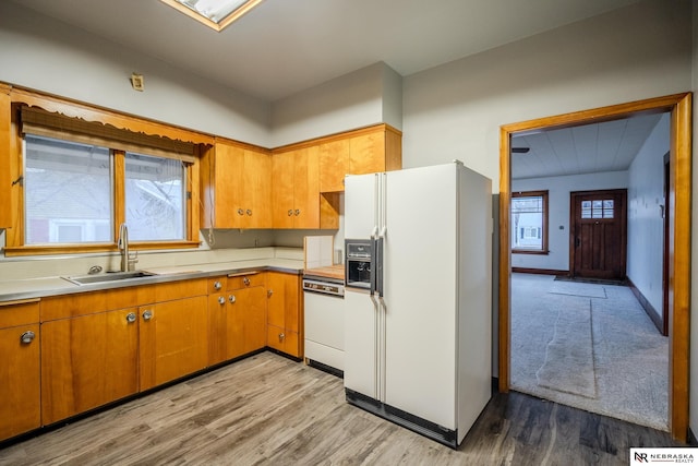 kitchen with white appliances, sink, and light hardwood / wood-style flooring