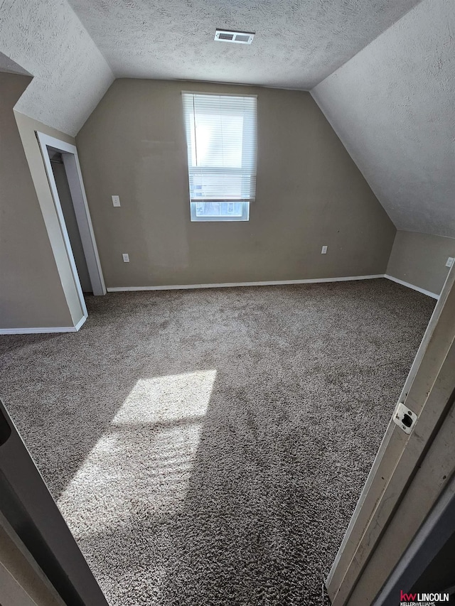 additional living space with vaulted ceiling, carpet floors, and a textured ceiling