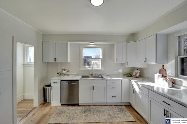 kitchen featuring stainless steel dishwasher, plenty of natural light, sink, and white cabinets