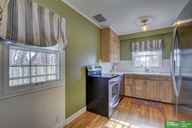 kitchen featuring appliances with stainless steel finishes, sink, decorative backsplash, ornamental molding, and light hardwood / wood-style floors