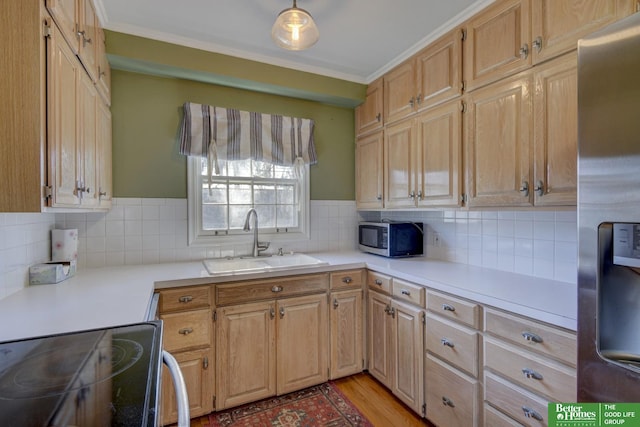 kitchen featuring stainless steel appliances, crown molding, sink, and tasteful backsplash