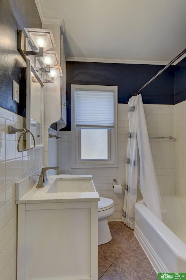 full bathroom featuring vanity, tile walls, shower / bath combination with curtain, and toilet