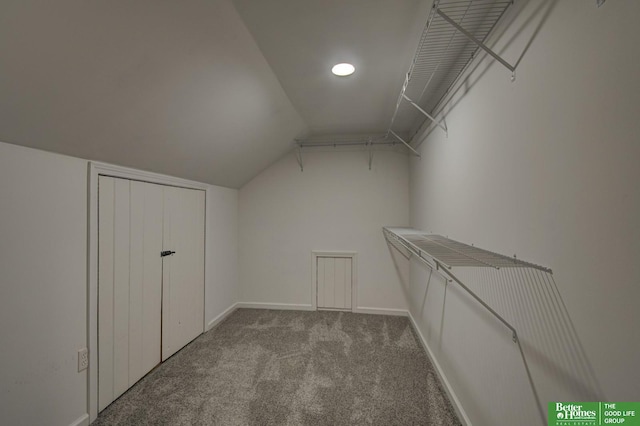 walk in closet with lofted ceiling and carpet flooring