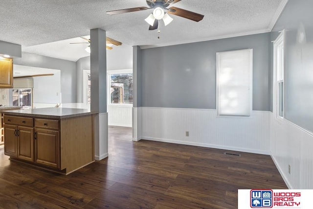 kitchen featuring dark wood-type flooring, a textured ceiling, and ceiling fan