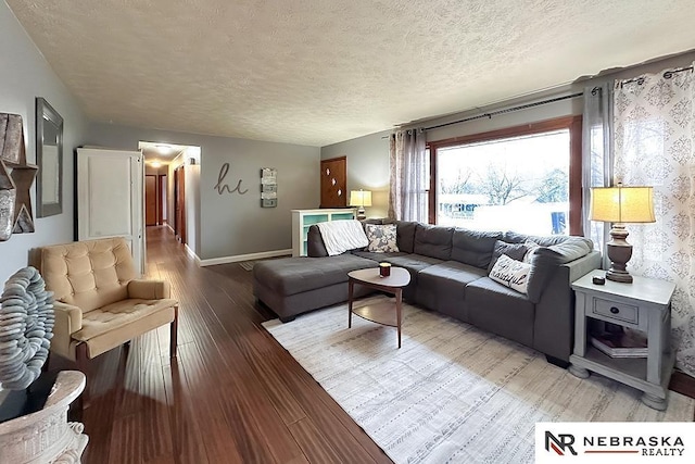 living room with hardwood / wood-style flooring and a textured ceiling