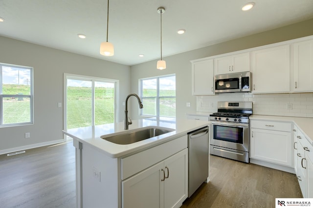 kitchen featuring an island with sink, stainless steel appliances, sink, and white cabinets