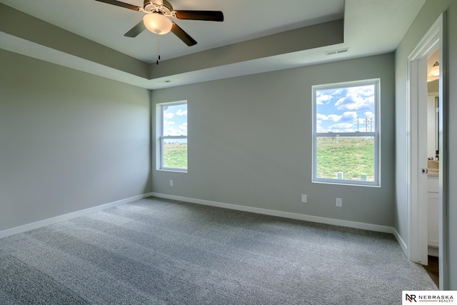 unfurnished room featuring ceiling fan, a raised ceiling, and carpet