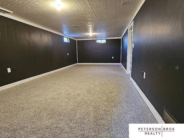 basement with wooden walls and carpet