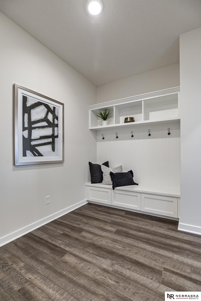 mudroom with dark hardwood / wood-style flooring and a textured ceiling