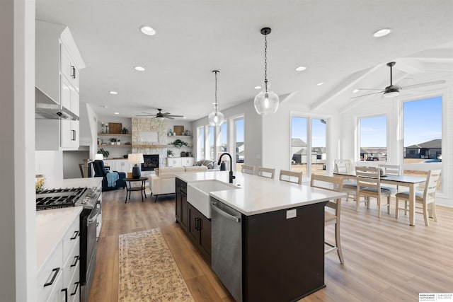 kitchen featuring a stone fireplace, an island with sink, sink, white cabinets, and stainless steel appliances