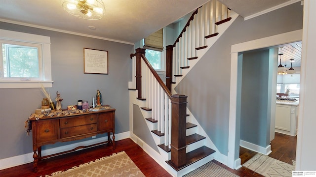 stairs with hardwood / wood-style flooring, crown molding, and a wealth of natural light