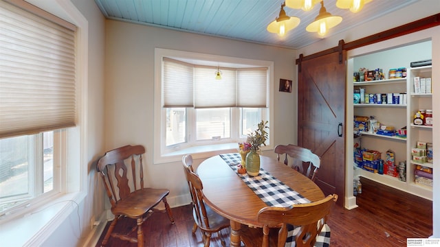 dining room featuring a chandelier, a barn door, and dark hardwood / wood-style flooring