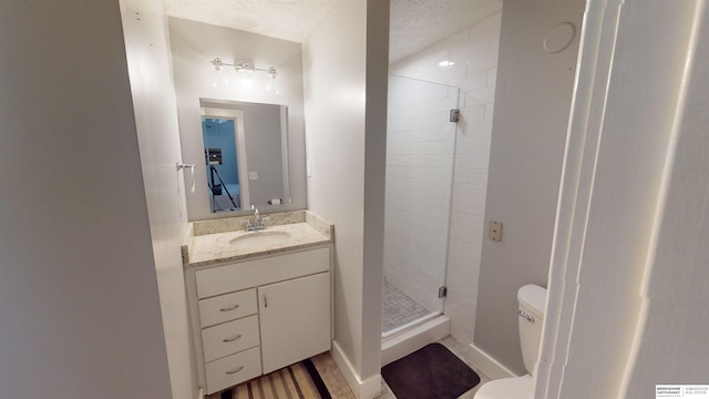 bathroom with an enclosed shower, vanity, a textured ceiling, and toilet