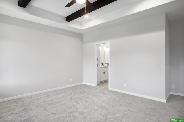 spare room with recessed lighting, light colored carpet, a ceiling fan, baseboards, and beam ceiling