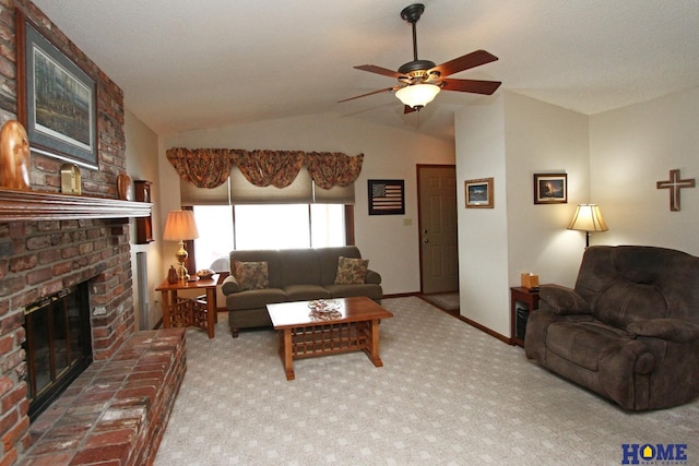 living room with carpet floors, lofted ceiling, a ceiling fan, a brick fireplace, and baseboards