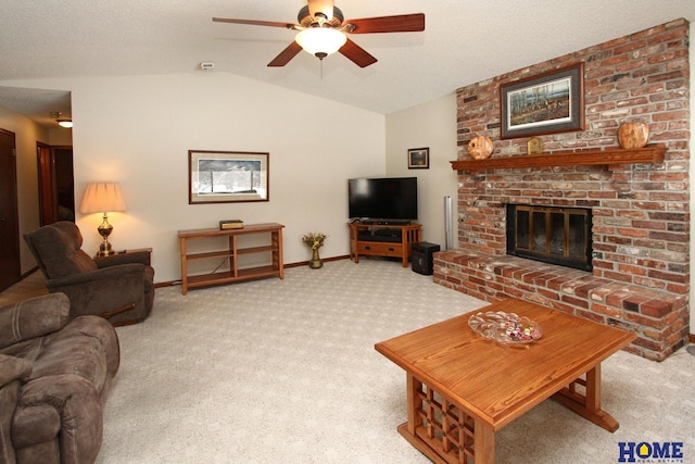 living room featuring lofted ceiling, a brick fireplace, carpet floors, and a textured ceiling