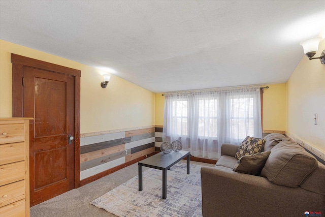 carpeted living room with vaulted ceiling and a textured ceiling