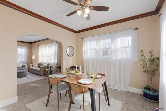 carpeted dining space featuring crown molding and ceiling fan