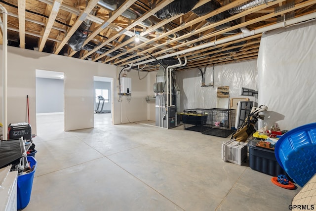 basement with heating unit and tankless water heater