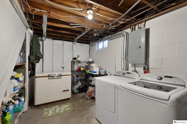 laundry area with electric panel and washer and dryer