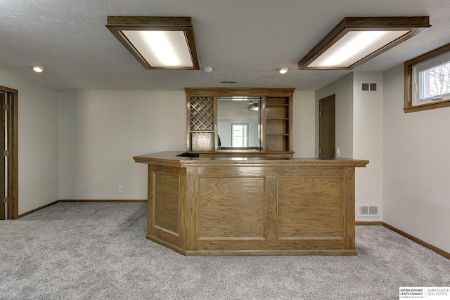 bar featuring light carpet and a textured ceiling