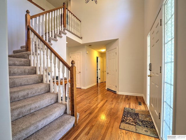 foyer entrance featuring a towering ceiling and wood-type flooring