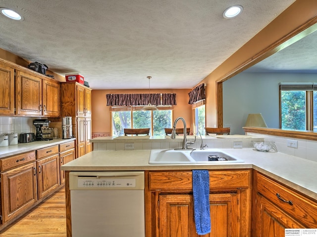 kitchen featuring sink, dishwasher, backsplash, light hardwood / wood-style floors, and decorative light fixtures