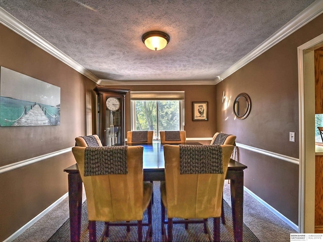 dining room with ornamental molding, carpet floors, and a textured ceiling