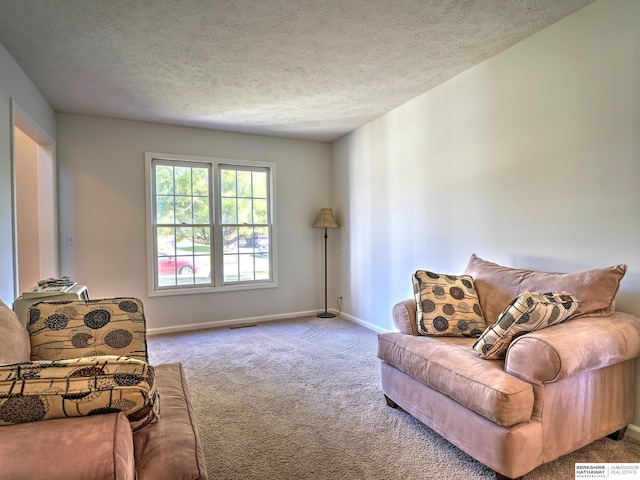 living room with carpet and a textured ceiling