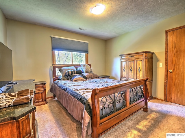 bedroom featuring carpet floors and a textured ceiling