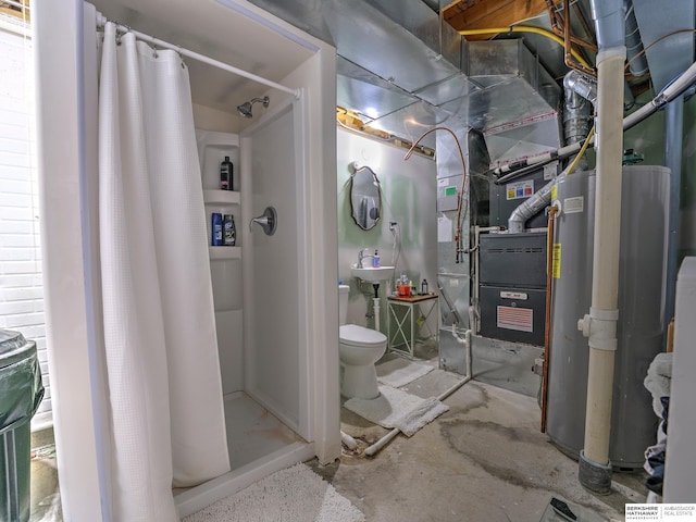 bathroom featuring gas water heater, heating unit, concrete floors, and toilet