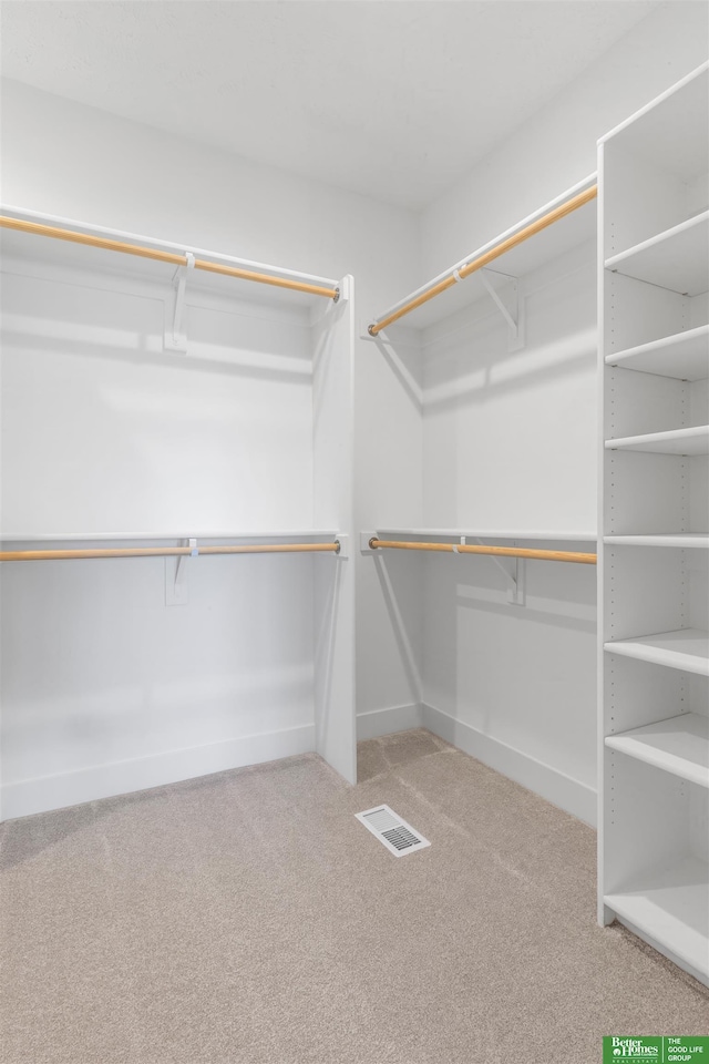 walk in closet with light carpet