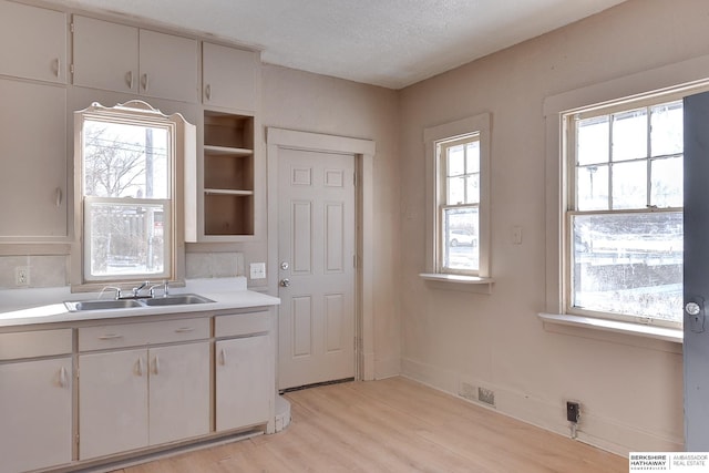 kitchen with visible vents, light countertops, light wood-style floors, open shelves, and a sink