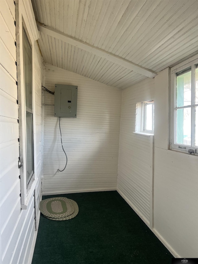 spare room with carpet, electric panel, and beamed ceiling