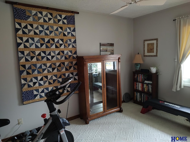 exercise room with ceiling fan, carpet floors, and a textured ceiling