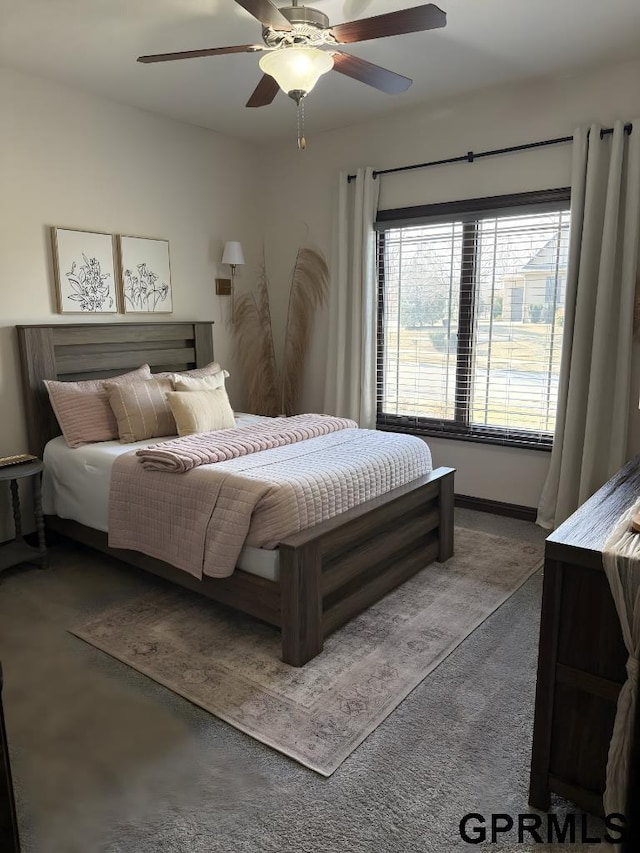 bedroom featuring carpet floors and ceiling fan